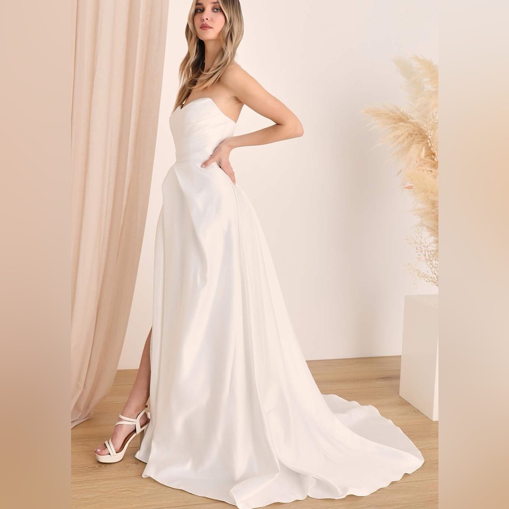 LULUS Lifetime of Love White Satin Strapless A-Line Gown Size 10 - Picture 2 of 6